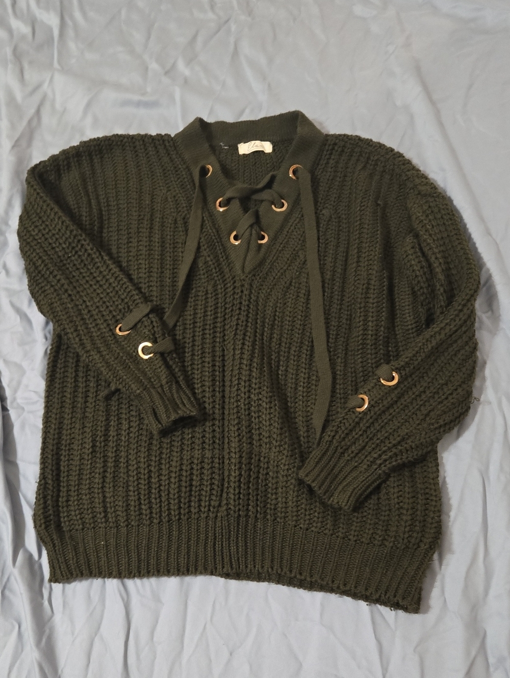Elan Olive Lace-Up V-Neck Chunky Knit Sweater